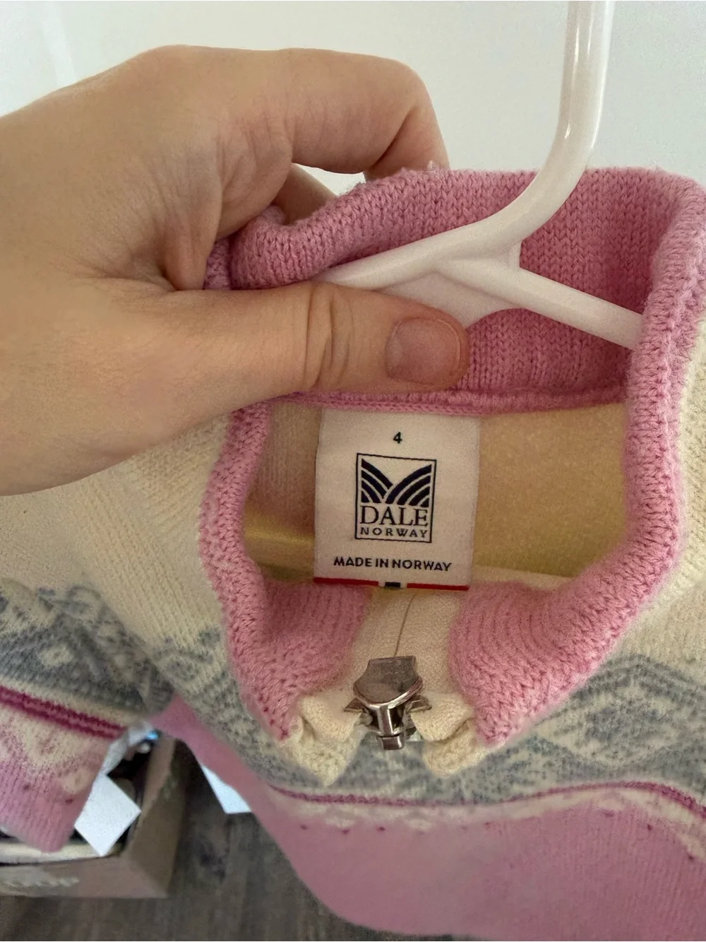 Dale of Norway wool Girls Pink and Cream Fair Isle Half-Zip Sweater